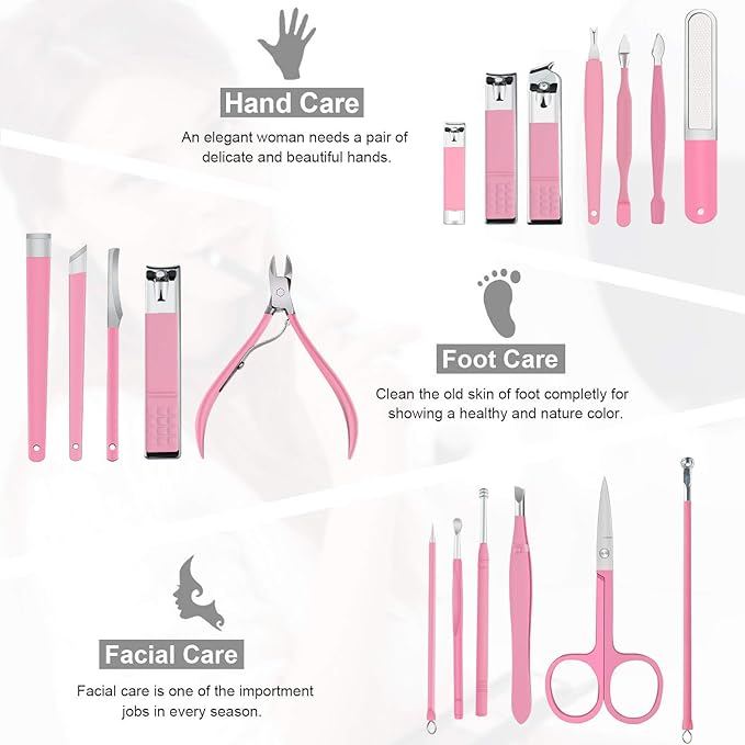 Manicure Set Professional Nail Clippers Kit Pedicure Care Tools- Stainless Steel Women Grooming Kit 18Pcs for Travel or Home (Pink)