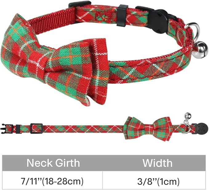 Joytale Upgraded Christmas Cat Collar with Bells, Breakaway Cat Collars with Bow Tie, 1 Pack Girl Boy Safety Plaid Kitten Collars, Red+Green Plaid