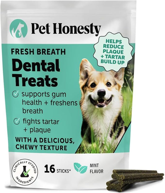 Pet Honesty Dental Health Fresh Sticks - Oral Hygiene Dental Treat for Dogs - Dental Dog Chews - Freshen Dog Breath, Reduce Plaque + Tartar - 16 Sticks