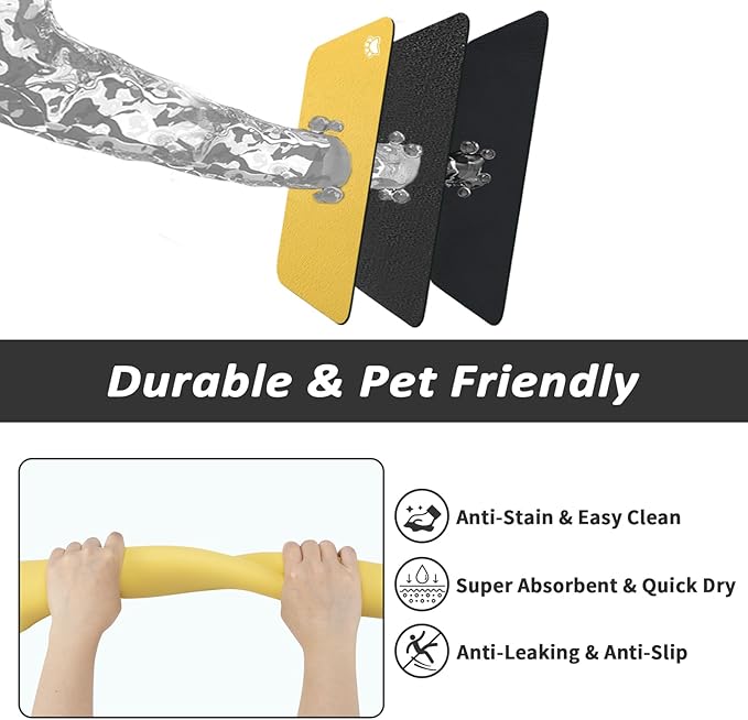 Pet Feeding Mat - Absorbent Dog Mat for Food and Water, No Stains Cat Bowl Mat, Easy to Clean Pet Placemats, Quick Dry Dog Water Dispenser Mat for Messy Drinkers | Paw Yellow 12"x 19"