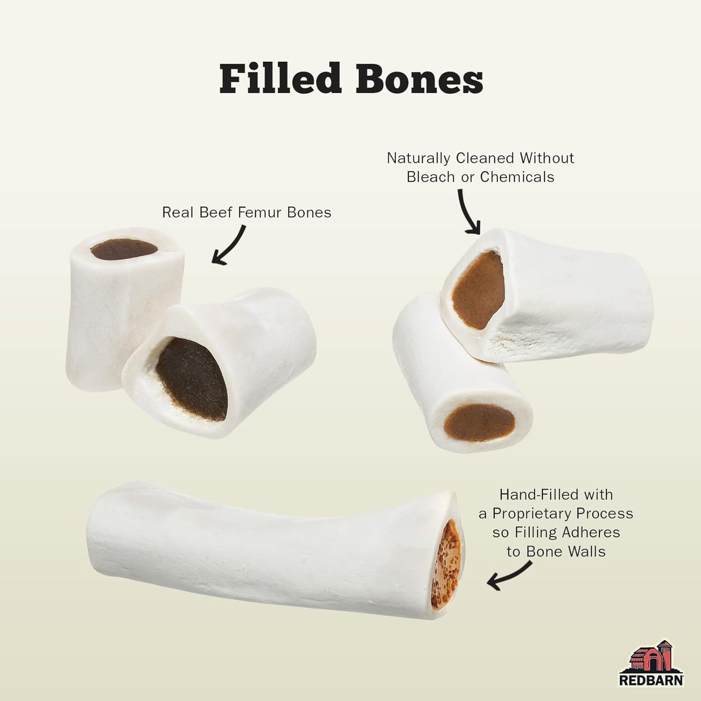 Redbarn Pet Products Large Filled Dog Bones, Peanut Butter Flavor - Long Lasting Stuffed Femur Chew Treat Made in USA - 4 Count - Packaging May Vary
