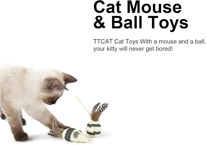 TTcat Cat Toys Set with Paper Rope & Feathers Ball and Mouse - 2 Pack, Interactive Toys for Indoor Cats,Kittens