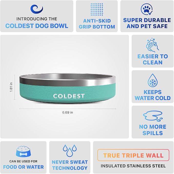 Coldest Dog Bowl - Anti Rust Metal, Non Slip, 3 Layers Insulated Stainless Steel Dog Bowls - Spill Proof & Heavy Duty - Water Bowl for Dogs, Cats & Pets, Dish Washer Safe (21 oz, Terraform Green)