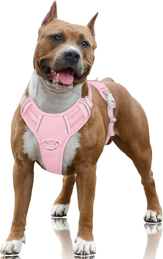 BARKBAY No Pull Dog Harness Large Reflective Dog Harness with Front Clip and Easy Control Handle for Walking Training Running with ID tag Pocket(Baby Pink,L)