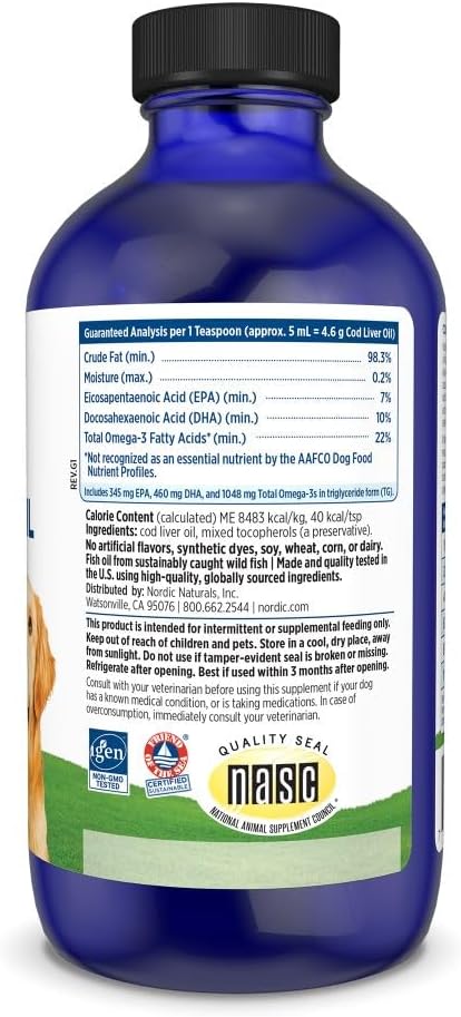 Nordic Naturals Pet Cod Liver Oil, Unflavored - 8 oz - 1048 mg Omega-3 Per Teaspoon - Fish Oil for Dogs with EPA & DHA - Promotes Skin, Coat, & Immune Health