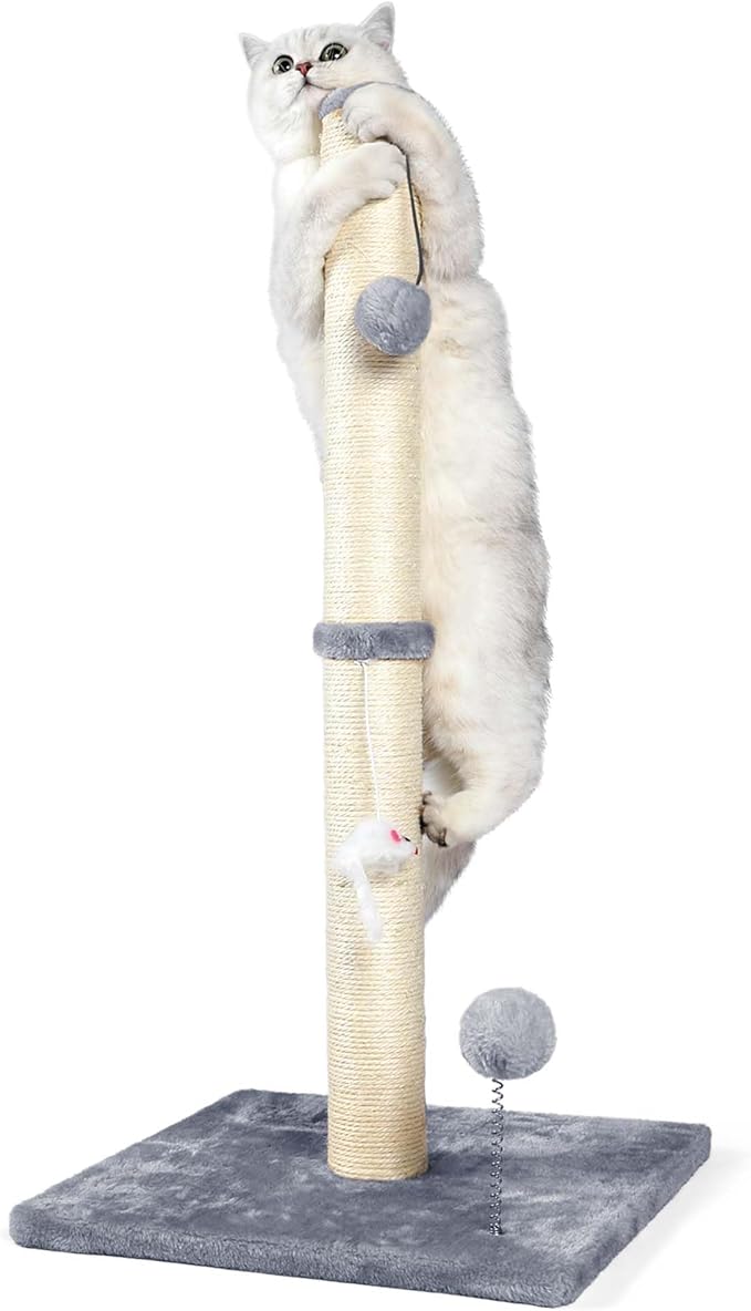 ANWA 32" Tall Cat Scratching Posts for Indoor Cats, 3-in-1 Cat Scratching Post with Plush Toys, Premium Sisal Post for Cats at All Ages with Reinforced Stable Base, Gray