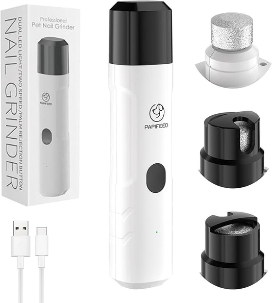 PAPIFFEED Dog Nail Grinder Upgraded with 2 LED Lights, 3-Speed Rechargeable & Quiet - Upgraded Electric Pet Nail Trimmer for Small Medium Large Dogs & Cats, Painless Paws Grooming Tool - White