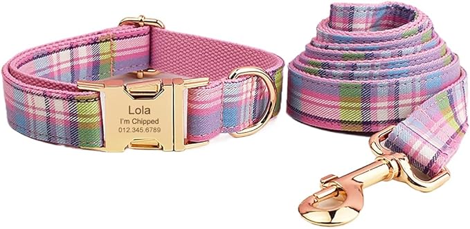 Custom Dog Collar with Names and Phone Number Engraved, Puppy Tags Personalized for Small Medium Large Pets (Colorful Plaid, M)