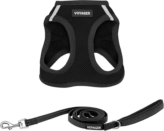 Voyager Step-in Air All Weather Mesh Harness and Reflective Dog 5 ft Leash Combo with Neoprene Handle, for Small, Medium and Large Breed Puppies by Best Pet Supplies - Set (Black), XS