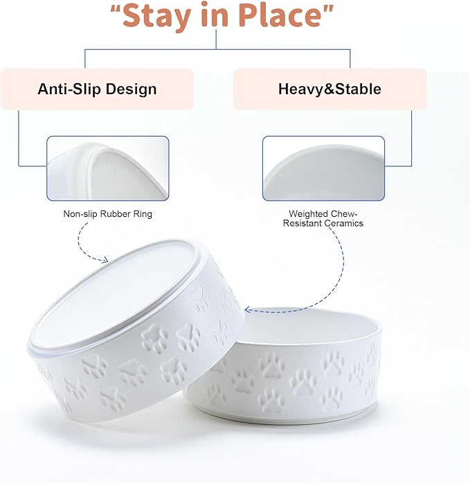 SPUNKYJUNKY Ceramic Dog Bowls 2 Pack, 8.3'' Dog Food Water Double Feeding Bowls Non-Slip for Medium to Large Sized Breed Microwave Dishwasher Safe - 60 OZ, 2pcs, Paw White