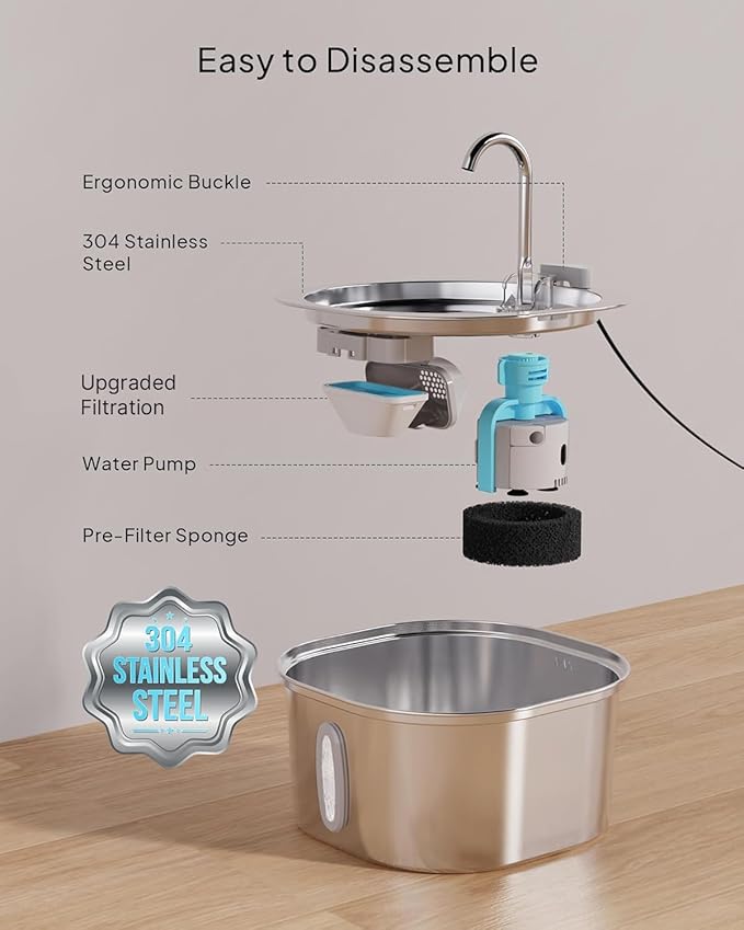 Cat Water Fountain - 3.2L/108oz Stainless Steel Pet Water Drinking Fountain for Cats Indoor, Dog Water Fountain with Water Level Window