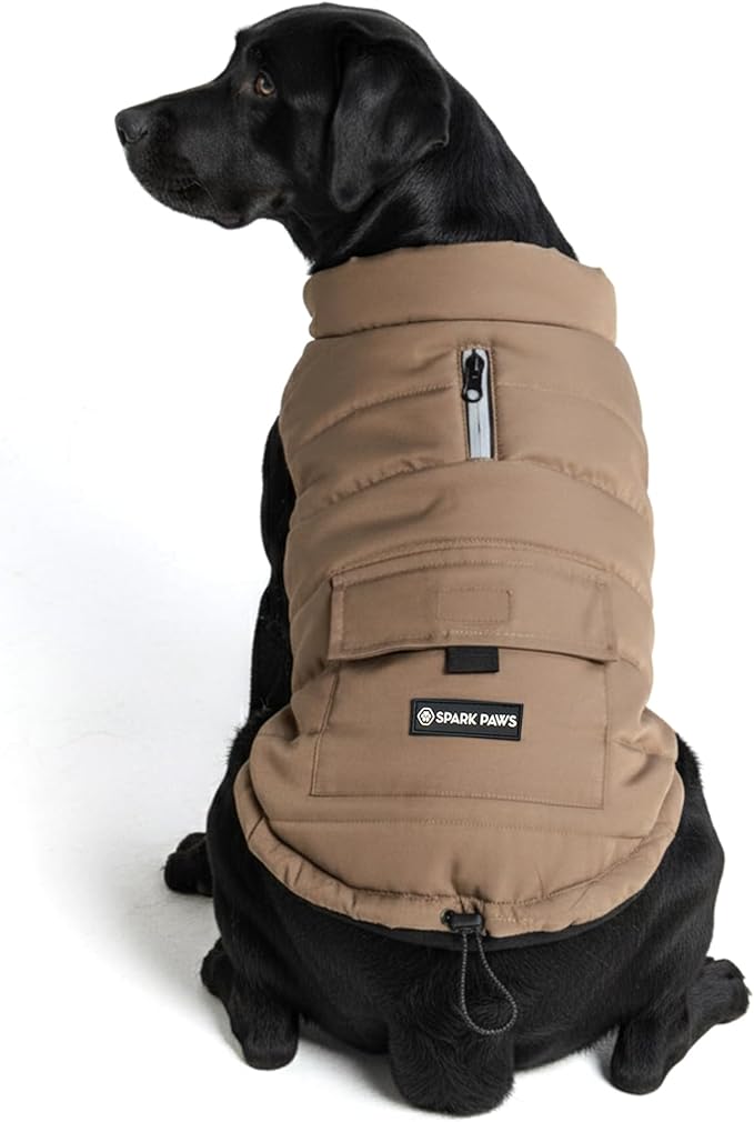 Spark Paws Dog Winter Jacket, Water-Resistant Coat, Warm Reflective Windproof Fleece-Interior, for Medium and Large Dogs - Tan - 4XL