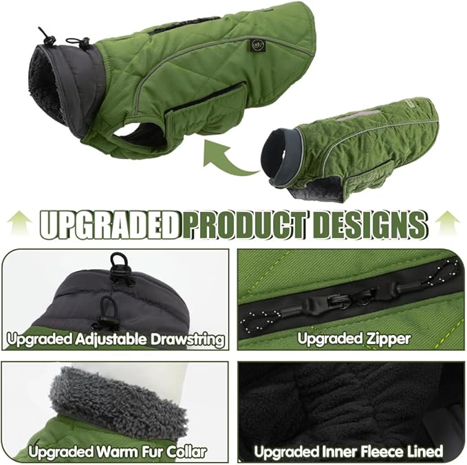 EMUST Winter Dog Coats, Fleece Pet Apparel for Cold Weather, British Style Windproof Warm Dog Jacket for Winter, Green, XS