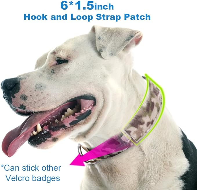 TSPRO Tactical Dog Collar, Adjustable, with Patch & Double Needle Metal Buckle, Heavy Duty for Large to Extra Large Dogs, Durable for Walking, Running, Hiking & Training (Camo Pink L-XL)