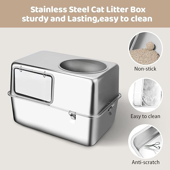 Stainless Steel Litter Box, 23.6" L x 15.7" W x 15.7" H XXL Enclosed Metal with High Sides Cat Litter Box, Extra Large Cat Toilet with Scoop, Non-Sticky, Odor Free, Easy to Clean