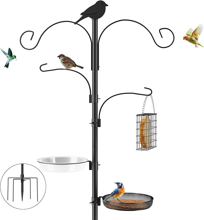 Bird Feeder Pole, 91in 4 Hook Bird Feeding Station with Adjustable Shepherds Hooks, Birds Feeder for Outdoors with Pole 5 Prongs Base Attracting Wild Birds (ATR Deco, Black 91in)