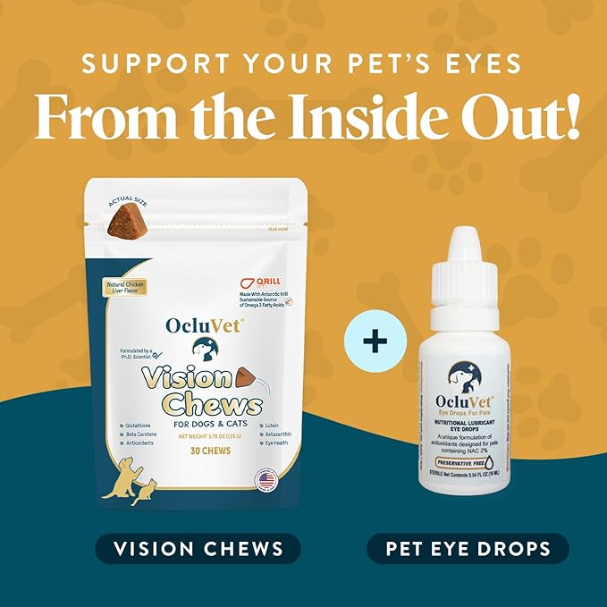 Bundle Eye Supplements for Dogs & Cats | Vision Chews with Omega-3 for All Ages | Includes 30 Chicken Liver Flavored Chews & Pet Eye Drops, 16 mL | Antioxidants & 2% NAC for Cataracts