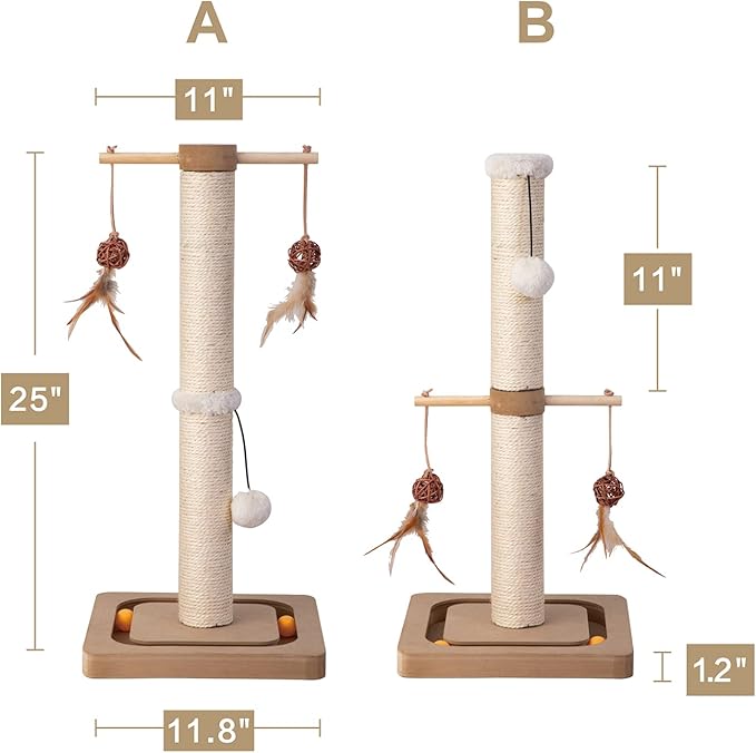 PEEKAB Cat Scratching Post Premium Sisal Scratch Posts with Tracking Interactive Toys Vertical Scratcher for Indoor Cats and Kittens- 25 inches Beige