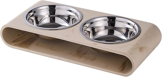 Beige Marble Elevated Dog Bowls Set - 2 Thick 6" Stainless Steel Puppy Food Bowl with Non-Slip Raised Holder Stand, Double Feeding Bowls for Food and Water, Suitable for Cats and Small Medium Pet