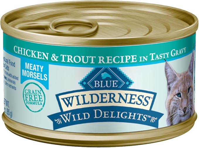 Blue Buffalo Wilderness Wild Delights Meaty Morsels Wet Cat Food, High-Protein & Grain-Free, Made with Natural Ingredients, Chicken & Trout Recipe in Tasty Gravy, 3-oz. Cans (24 Count)