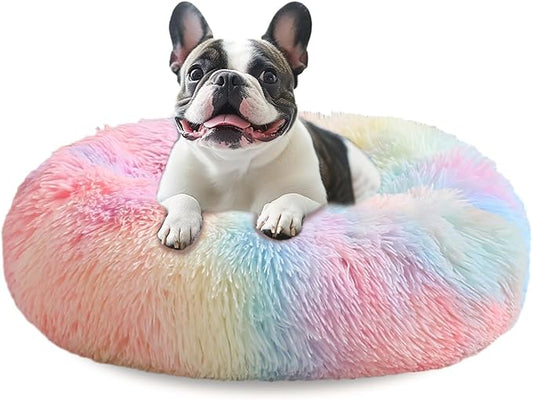 JOLLYVOGUE Large Calming Dog Bed, Anti-Anxiety Donut Cuddler Cat Bed with Anti-Slip Bottom, Fluffy Faux Fur Machine Washable Pet Cushion for Medium Large Dog & Cat, 36"/Rainbow