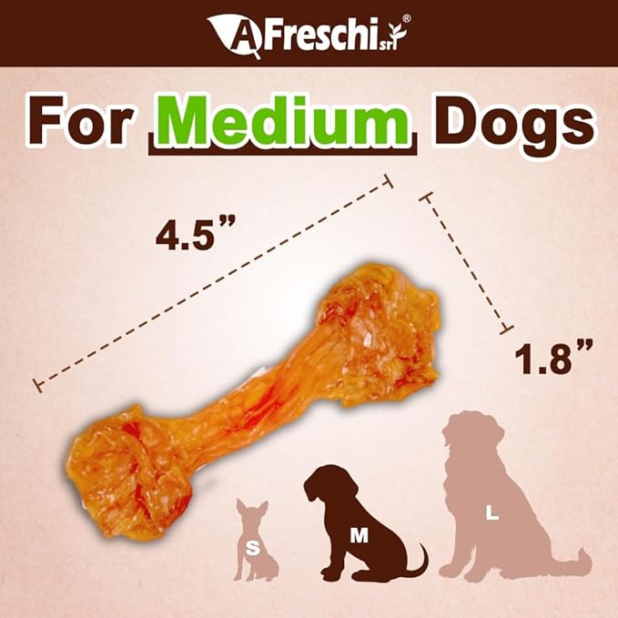 AFreschi Turkey Tendons for Dogs, USA-Sourced, Healthy Dog Treats, Rawhide-Free Puppy Chews, Long Lasting, All Natural, Hypoallergenic Dog Treats for Medium Breeds, 20 Count Box Bone (M)