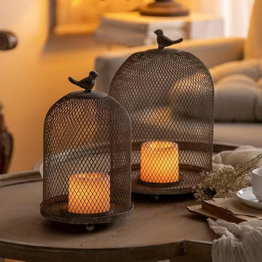 Birdcage Candle Holder Antique Metal Bird Cages Decor, Vintage Lantern Centerpiece for Wedding Home Table Decorative, Iron Candleholder Set of 2 (12.9" & 10.7")