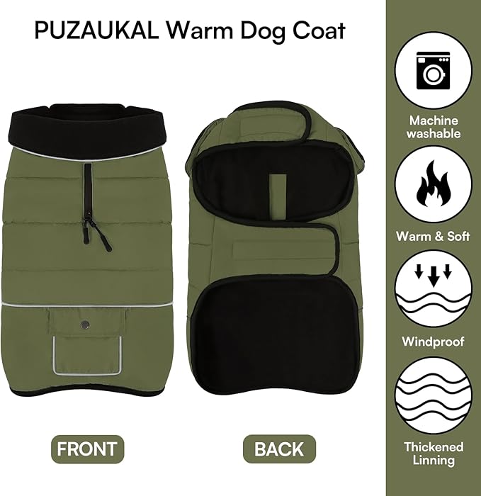 Dog Coat, Small Dog Jacket, Windproof Dogs Puffer Jacket, Fleece Lined Warm Dogs Winter Coat with Harness Hole (Army Green S)