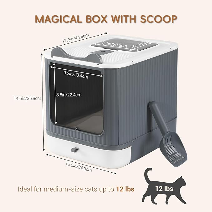 Foldable Cat Litter Box, Fully Enclosed Litter Box with Lid, Covered Kitty Kitten Litter Boxes Enclosure with Scoop, Odor Control, Easy to Clean, 3 Modes for Cat up to 12 lbs(White&Grey)
