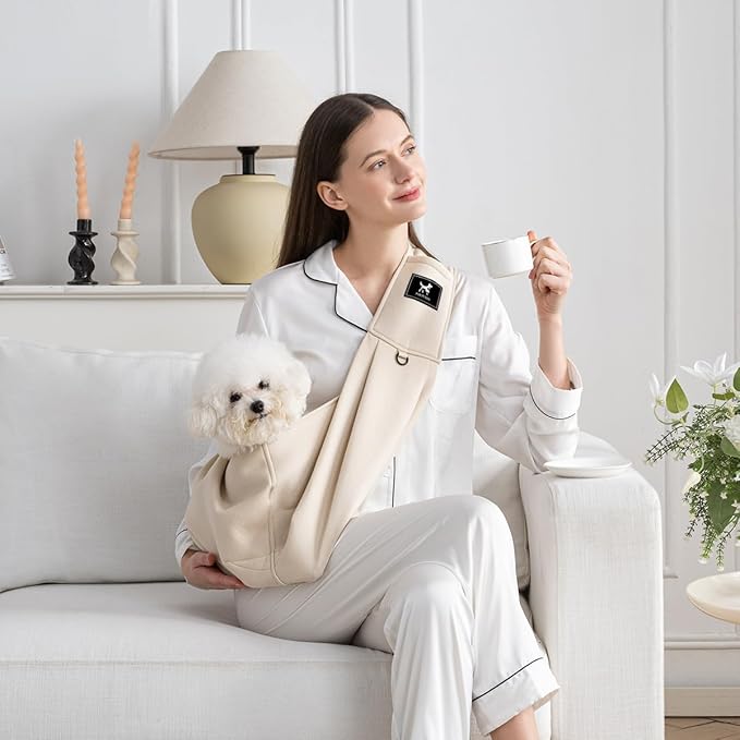 Dog & Cat Carrier Sling, Adjustable Soft Padded Shoulder Puppy Carrier, Hands-Free Dog Carrier Bag with Double Safety Buckles Premium Material for Outdoor Travel (Apricot, M)