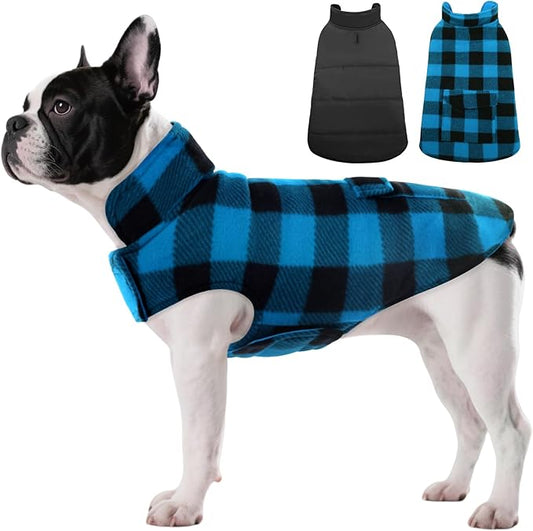 ASENKU Dog Winter Coat, Fleece Doggie Jacket Plaid Reversible Vest Waterproof Windproof Cold Weather Clothes for Small Medium Large Dogs (XS, Blue)