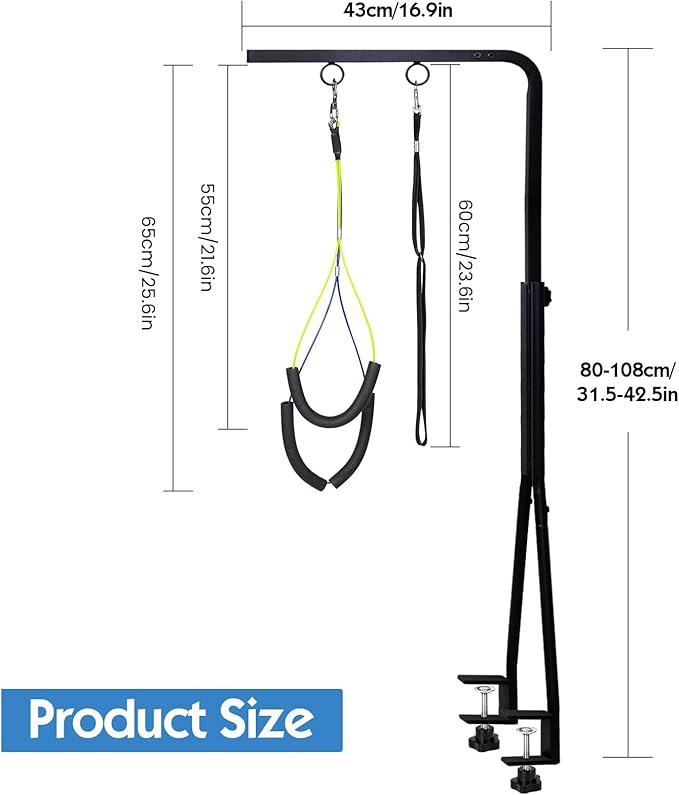 Dog Grooming Arm, Adjustable Pet Grooming Arm with Clamp for Small and Medium Dogs,Grooming Loop and No Sit Haunch Holder (Black, 42" H Arm + Heavy Duty Double Clamp + Hammock)