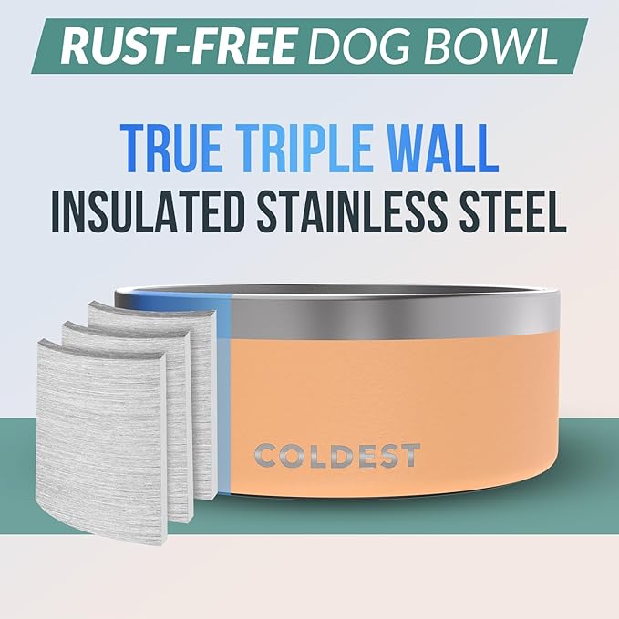 Coldest Dog Bowl - Anti Rust Metal, Non Slip, 3 Layers Insulated Stainless Steel Dog Bowls - Spill Proof & Heavy Duty - Water Bowl for Dogs, Cats & Pets, Dish Washer Safe (100 oz, Sahara Peach)