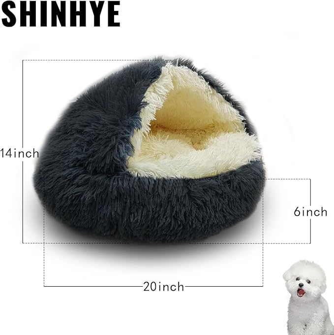 ShinHye Cat Bed Round Plush Fluffy Hooded Cat Bed Cave, Cozy for Indoor Cats or Small Dog beds, Soothing Pet Beds Doughnut Calm Anti-nxiety Dog Bed - Waterproof Bottom Washable (20×20inch, Dark Grey)