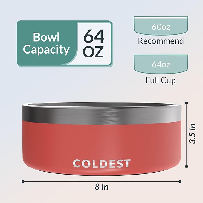 Coldest Dog Bowl - Anti Rust Metal, Non Slip, 3 Layers Insulated Stainless Steel Dog Bowls - Spill Proof & Heavy Duty - Water Bowl for Dogs, Cats & Pets, Dish Washer Safe (64 oz, Crimson Red)