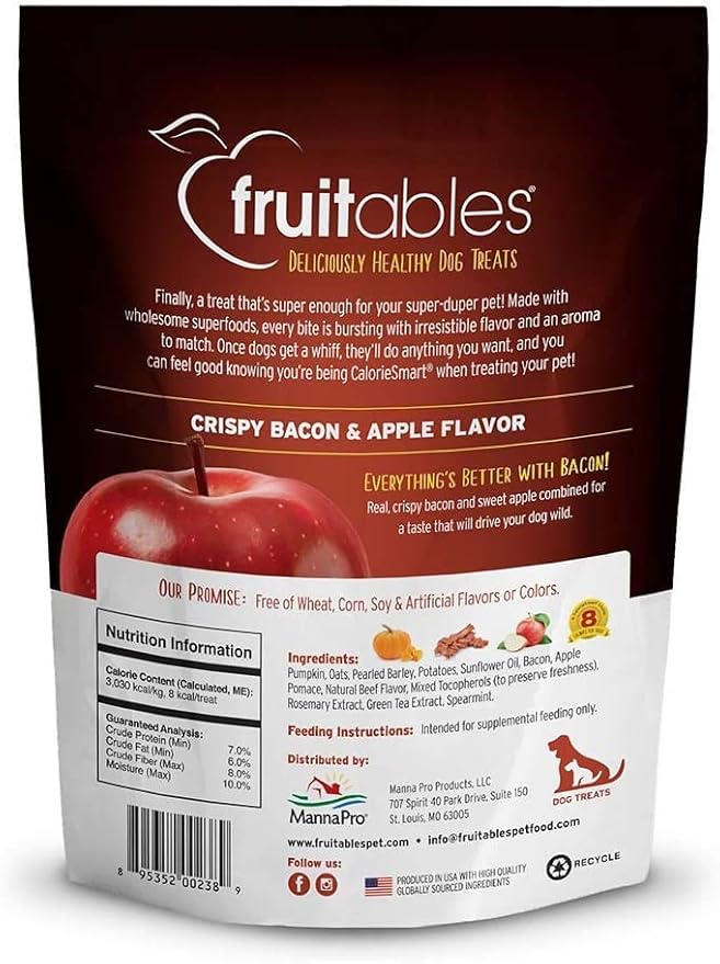 Fruitables Baked Dog Treats, Healthy Pumpkin Treat for Dogs, Low Calorie & Delicious, Free of Wheat, Corn and Soy, Made in the USA, Apple and Crispy Bacon Flavor, 7oz