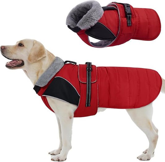 Nanaki Large Dog Coats for Winter Waterproof, Warm Fleece Lining Reflective Large Dog Jacket with Leash Hole,Furry Collar Cold Weather Puppy Jacket Outdoor Walking Hunting Easy On Pet Snow, Red 2XL