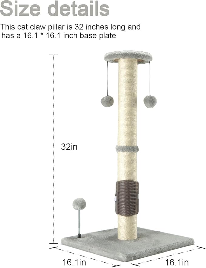PEEKAB 32" Tall Cat Scratching Post Sisal Scratch Posts with Hanging Ball and Self-Massage Brush Vertical Scratcher for Indoor Cats and Kittens Light-Gray 32inches