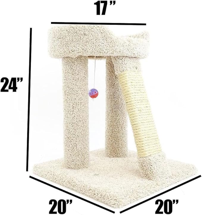 French Flair Elevated Cat Scratch Post with Cat Bed, Compact and Stylish Elevated Cat Bed with Plush Carpet and Sisal Scratching Post, Perfect for Sleep and Play Light Gray