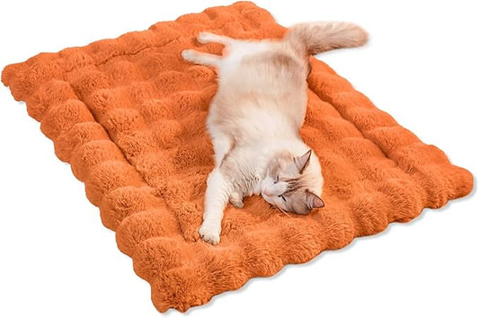 Cat Beds for Indoor Cats Faux Fur Pet Mat Cute Kitten Plush Bed with Non-Slip Bottom for Carriers/Couch Dog & Puppy Friendly 27 x 20 Inch Orange