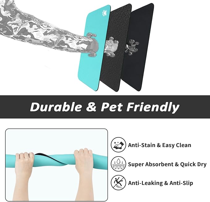 Pet Feeding Mat - Absorbent Dog Mat for Food and Water, No Stains Cat Bowl Mat, Easy to Clean Pet Placemats, Quick Dry Dog Water Dispenser Mat for Messy Drinkers | Paw Teal 18"x34"