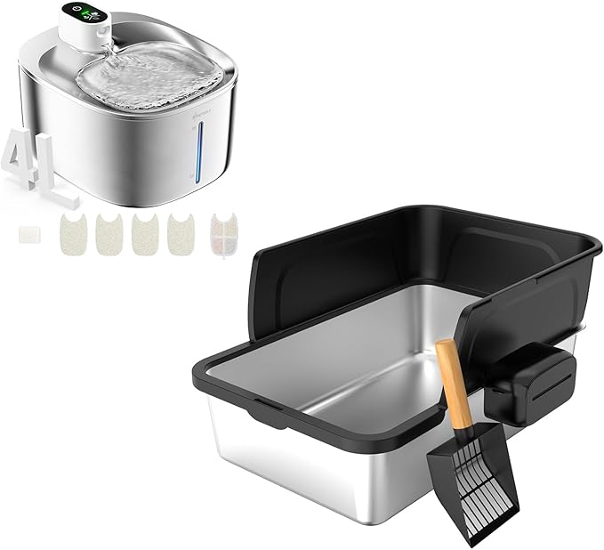 Cordless Cat Water Fountain Stainless Steel+ Litter Box Set, 4L Automatic Wireless Pet Water Dispenser with 20pack Filter + Cat Litter Box Sets for Multi Pet Family