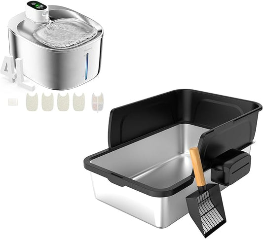 Cordless Cat Water Fountain Stainless Steel + Litter Box Set, 4L Automatic Wireless Pet Water Dispenser with 5Pack Filter + Cat Litter Box Sets for Multi Pet Family
