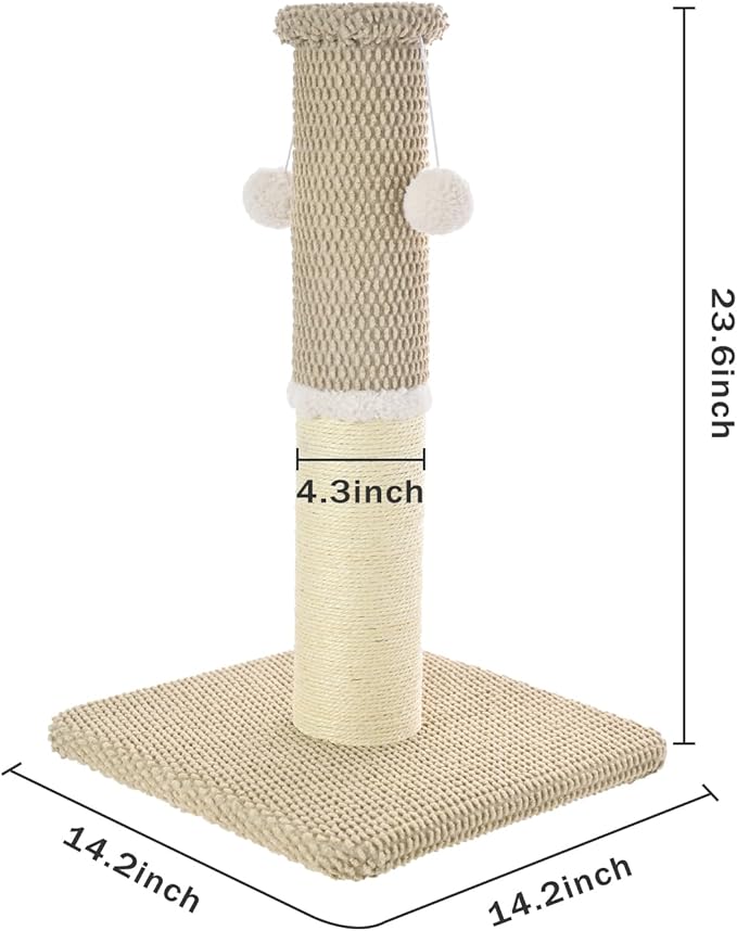 Made4Pets Tall Cat Scratching Post, Heavy Duty and Thicker Scratching Posts for Indoor Cats Adults, 23.6" Natural Sisal Cat Scratcher with Hanging Balls, Sturdy Base Cat Scratch Post, Beige
