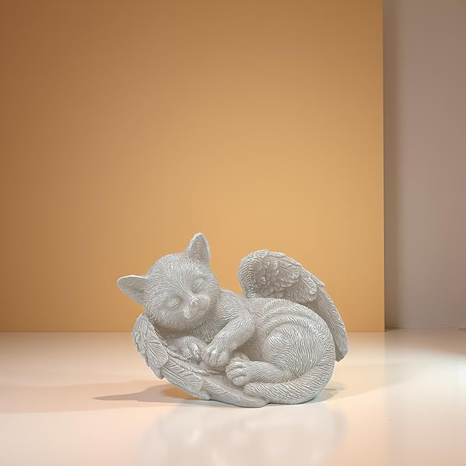 Small Cat Memorial Stone Commemorates Our Lost Fur Baby,Peaceful Sleeping Angel Statue for Garden,Indoor,Pet Grave Markers,and Loss of Cat Sympathy Gift (Milky White, Small)