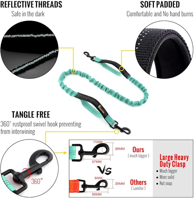 Plutus Pet Hands Free Dual Handle Retractable Bungee Leash with Reflective Stitches, Adjustable Waist Leash for Dog Walking Running Jogging, Medium Large Dogs