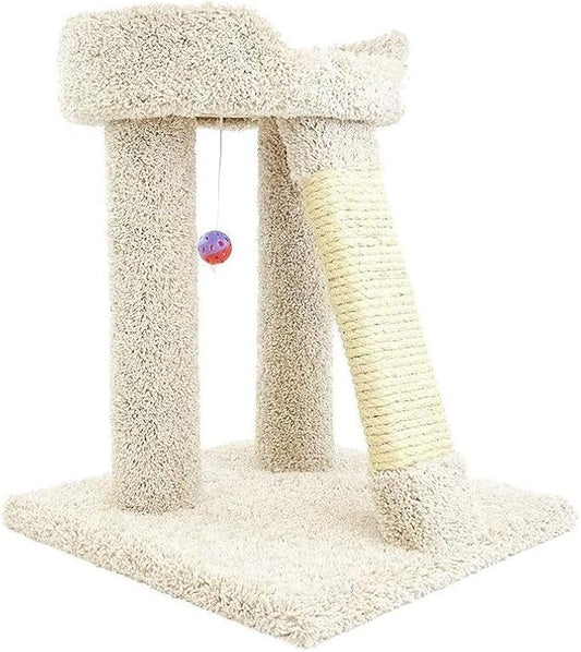 French Flair Elevated Cat Scratch Post with Cat Bed, Compact and Stylish Elevated Cat Bed with Plush Carpet and Sisal Scratching Post, Perfect for Sleep and Play Beige