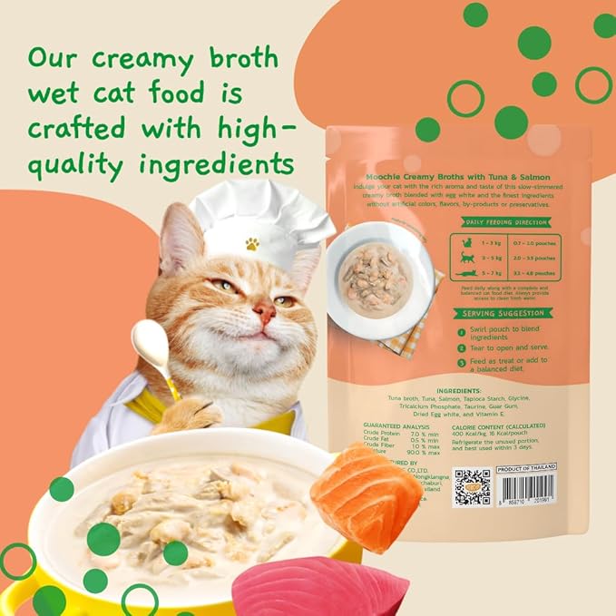 MOOCHIE Grain Free Creamy Broth for Cats - Made with Real Salmon & Tuna - No Artificial Flavors or Preservatives - 16 x 1.4 oz Pouch
