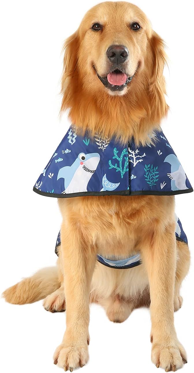 HDE Dog Raincoat Jacket Reflective Adjustable Hooded Pet Poncho Rain Coat with Leash Hole for Small to X-Large Dogs Sharks - L