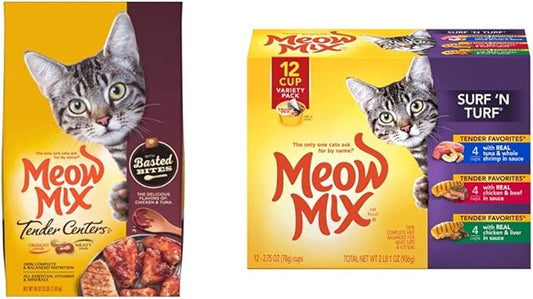 Meow Mix Tender Centers Basted Bites Dry Cat Food, Chicken & Tuna Flavor, 3 Pound (Pack of 4) + Tender Favorites Wet Cat Food Surf 'N Turf Variety Pack, 2.75 Ounce (Pack of 48) Bundle